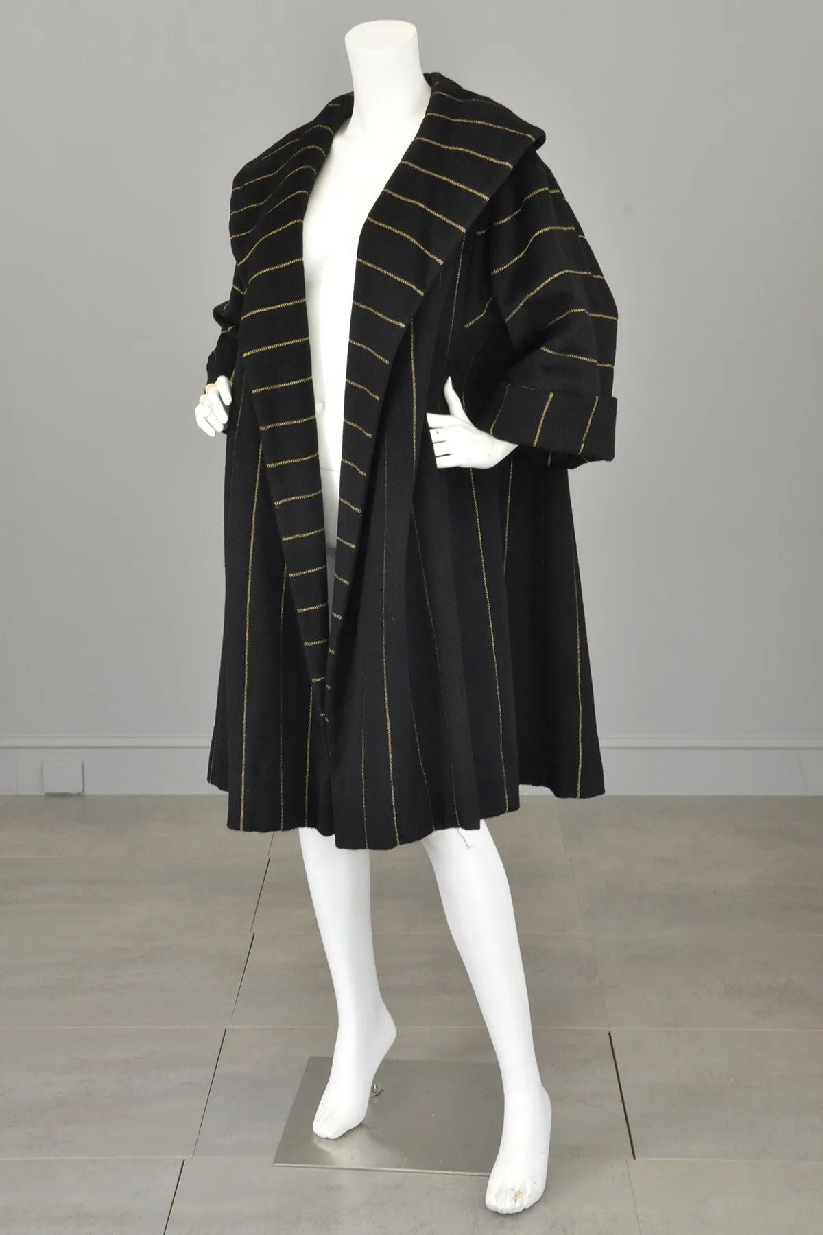 1950s 60s Black Wool Gold Metallic Swing Coat MOD Coat