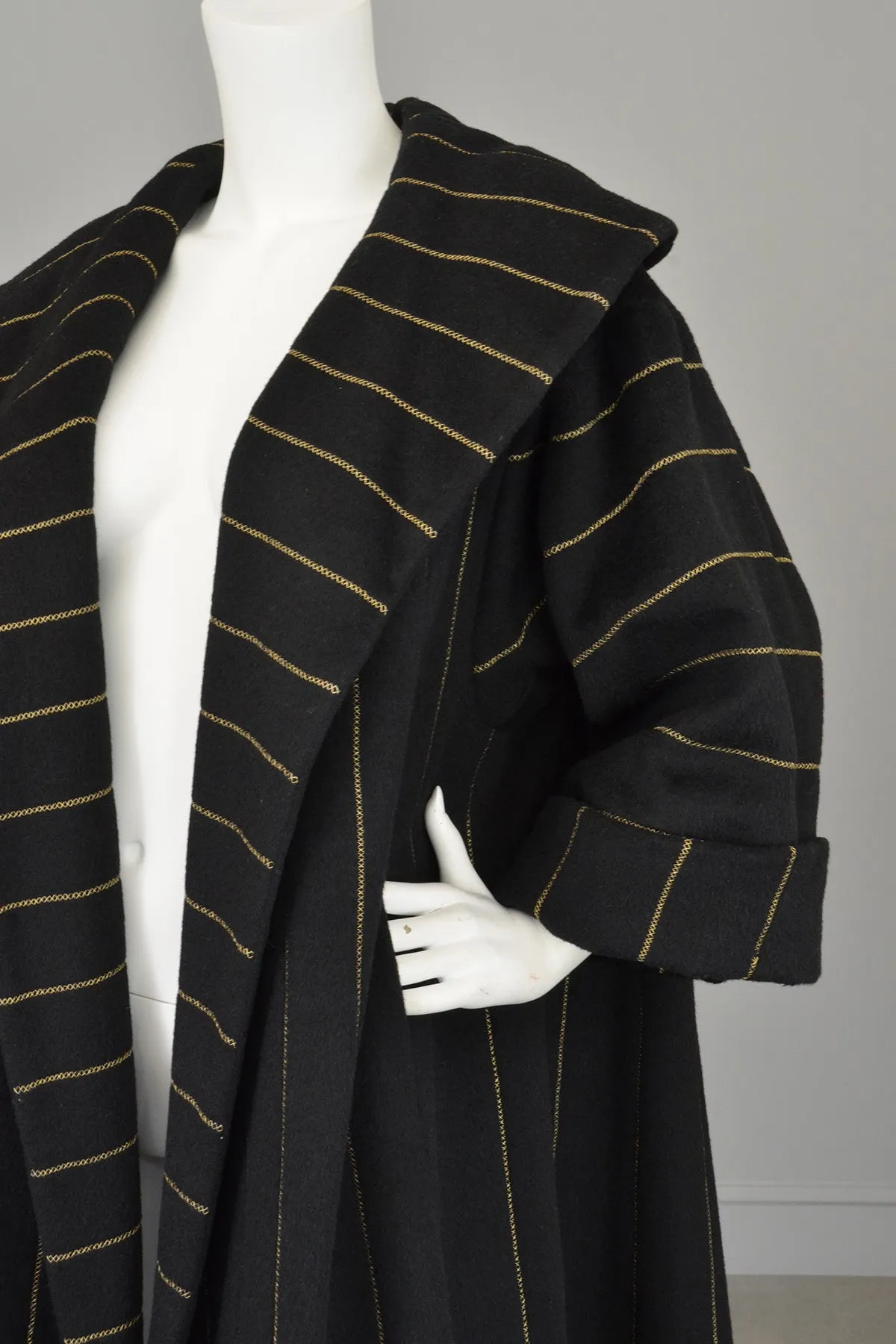 1950s 60s Black Wool Gold Metallic Swing Coat MOD Coat