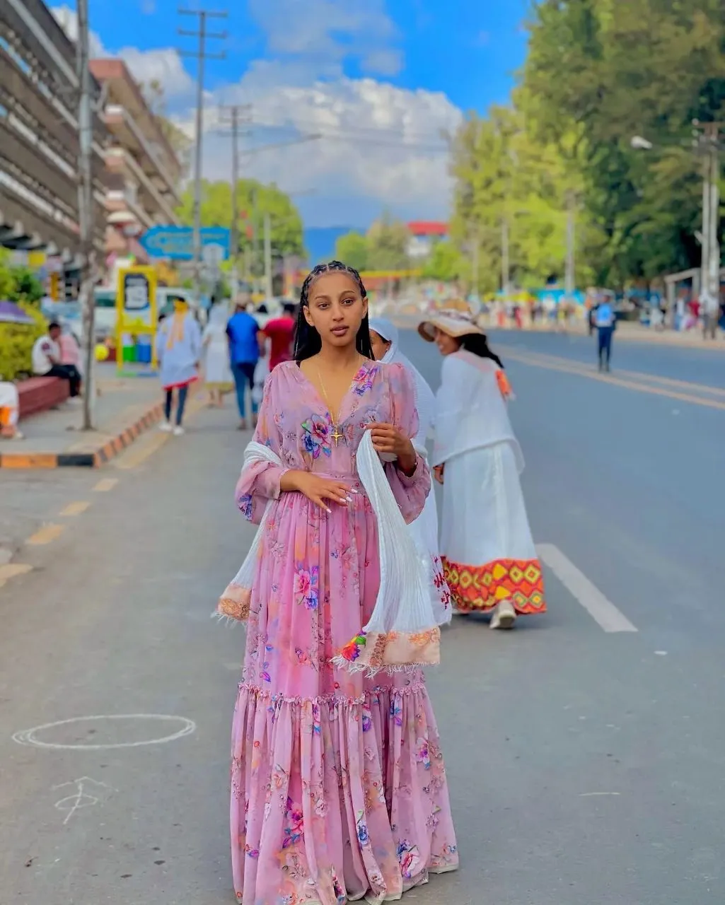 Adorable Sweet Pink Ethiopian Chiffon Dress: with Colorful Patterns Habesha Chiffon