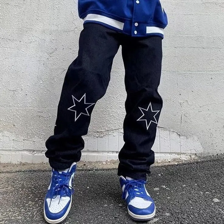 Aesthetic Y2K Star Prited Straight Fit Streetwear Harajuku Black Denim Jeans For Men Women