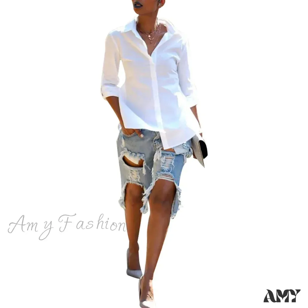 Amy Fashion - Fashion Holes Ripped Straight Denim Shorts Summer Streetwear Knee Length Women Shorts High Waist Casual Jean