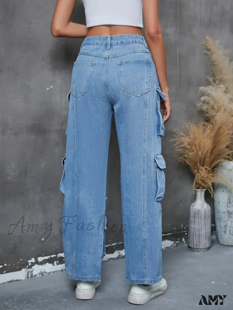 Amy Fashion - Vintage Loose Casual Middle Waist Hip Hop Straight Baggy Denim Jean