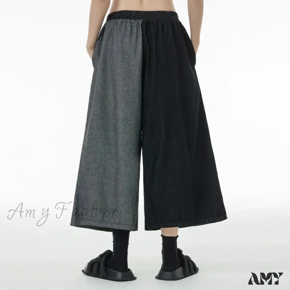 Amy Fashion - Women Patchwork Casual Denim High Elastic Waist Personality Fashion Loose Wide Leg Korea 2024 Spring Autumn New Jean