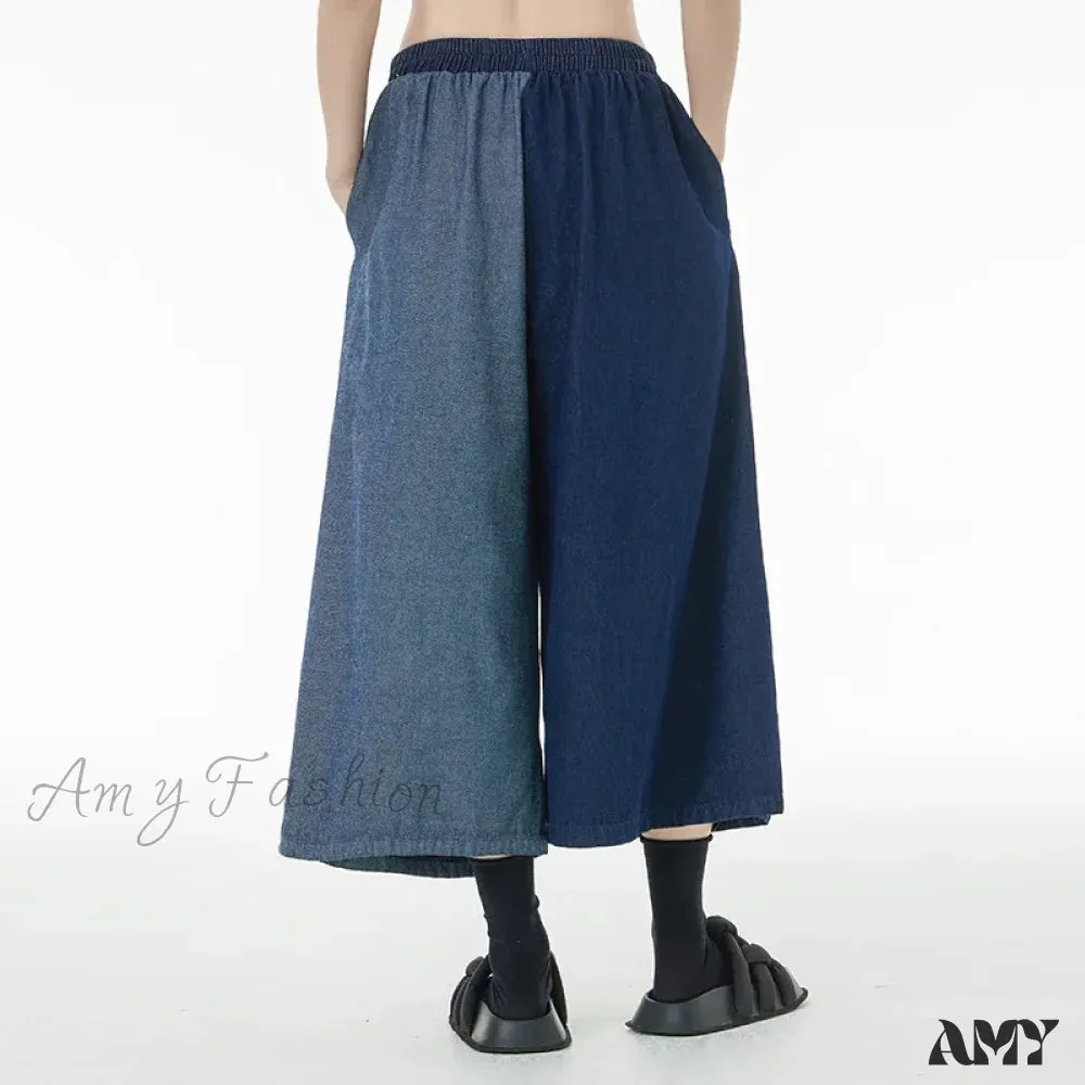 Amy Fashion - Women Patchwork Casual Denim High Elastic Waist Personality Fashion Loose Wide Leg Korea 2024 Spring Autumn New Jean