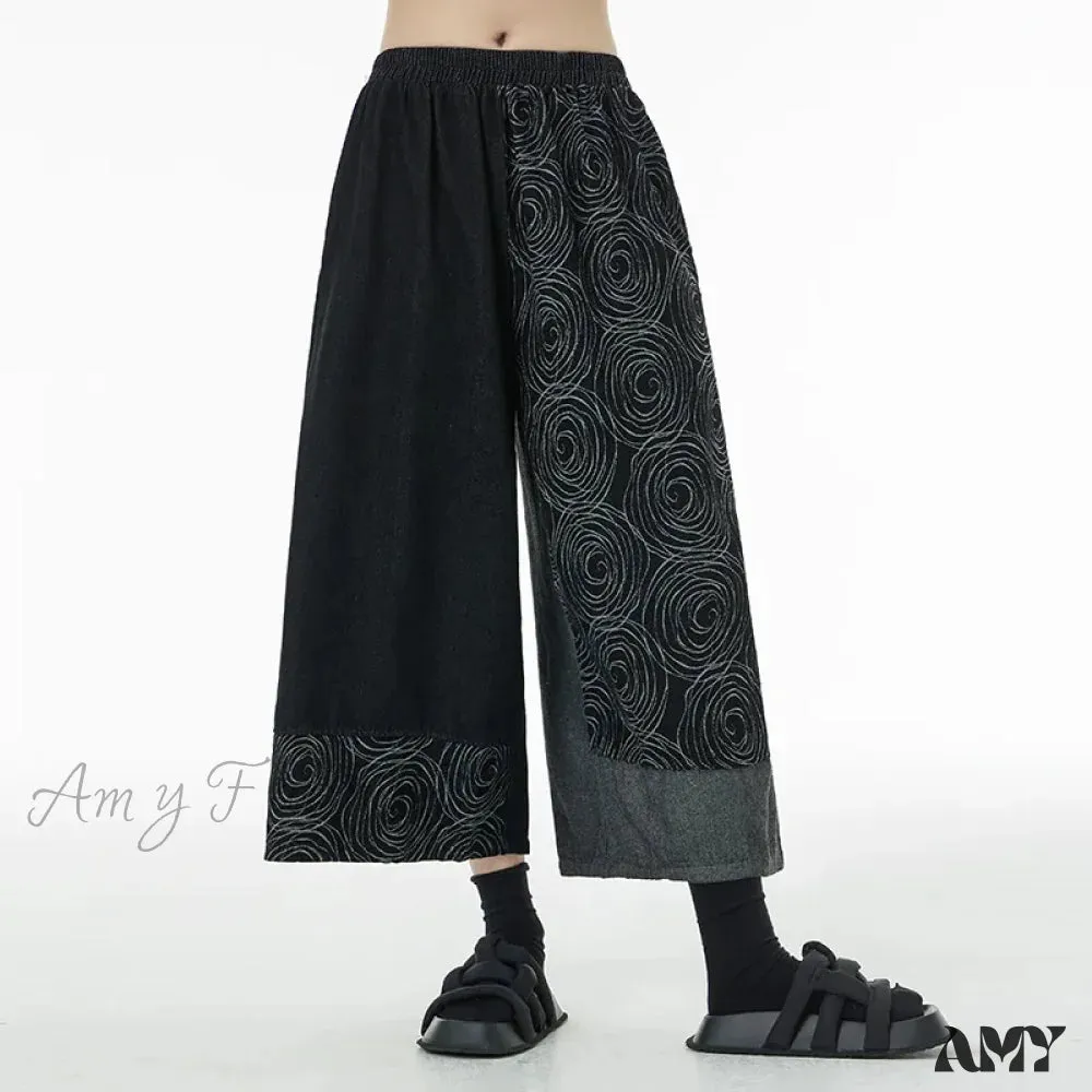 Amy Fashion - Women Patchwork Casual Denim High Elastic Waist Personality Fashion Loose Wide Leg Korea 2024 Spring Autumn New Jean