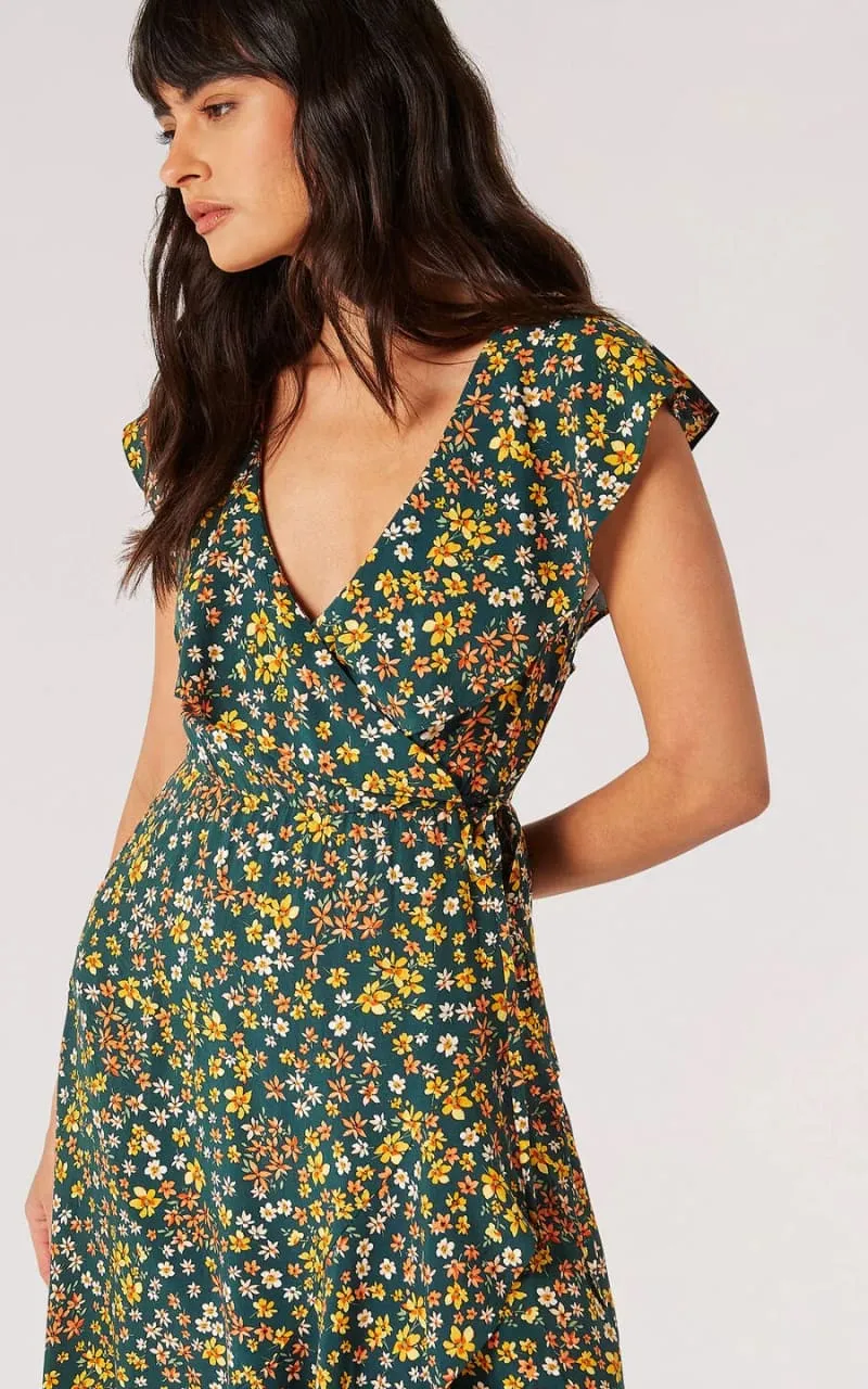 Apricot- Ditsy Floral Ruffle Wrap Midi Dress