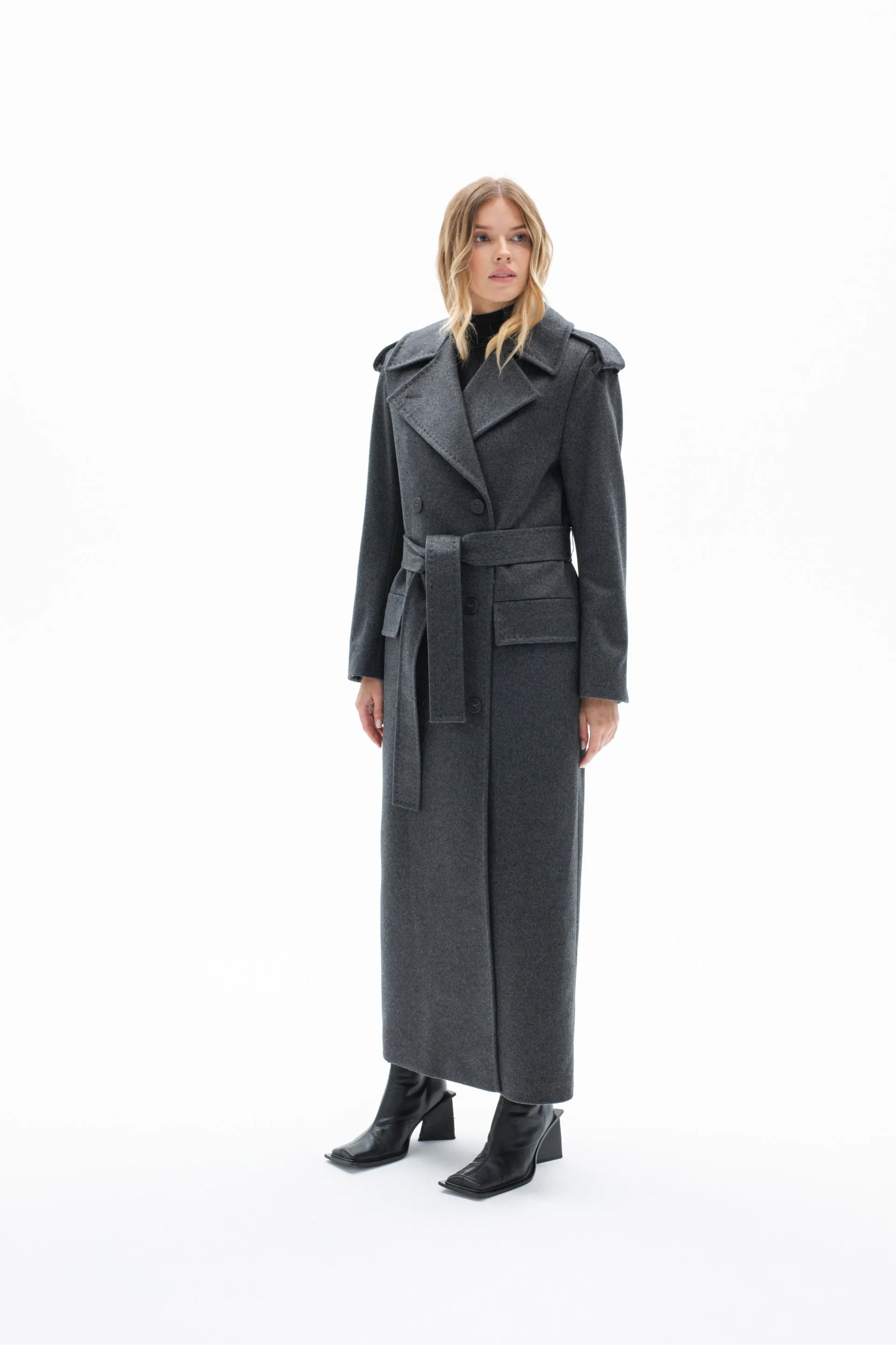 BELTED LONG WOOL COAT IN GREY