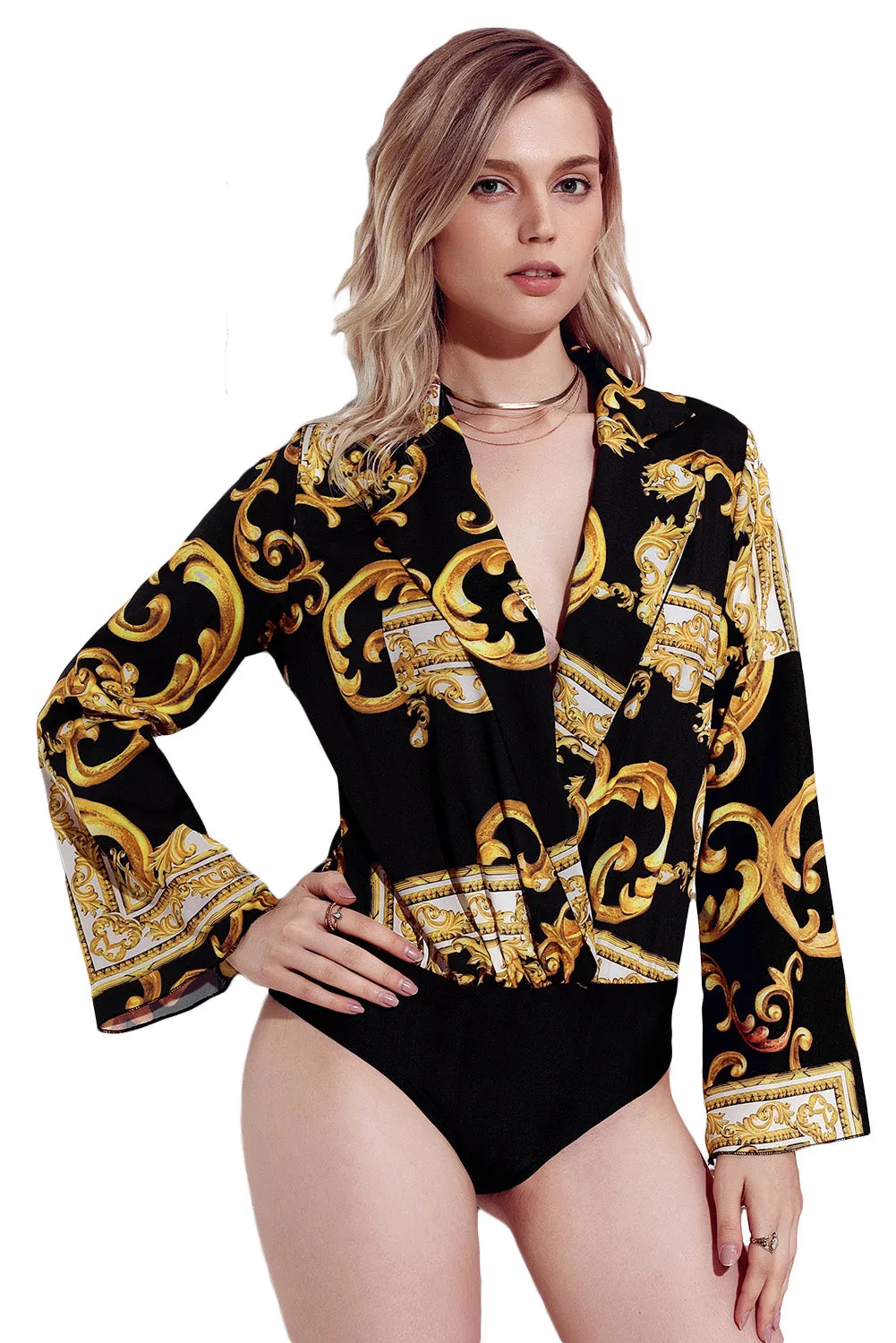 Black Printed Flare Long Sleeve Wrap Bodysuit