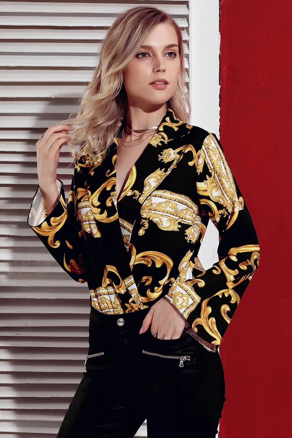 Black Printed Flare Long Sleeve Wrap Bodysuit