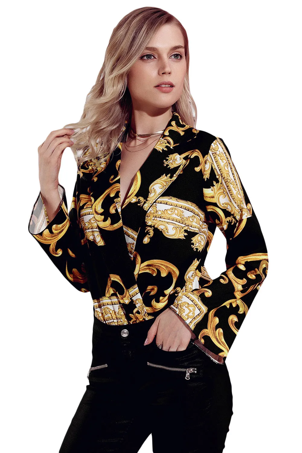 Black Printed Flare Long Sleeve Wrap Bodysuit