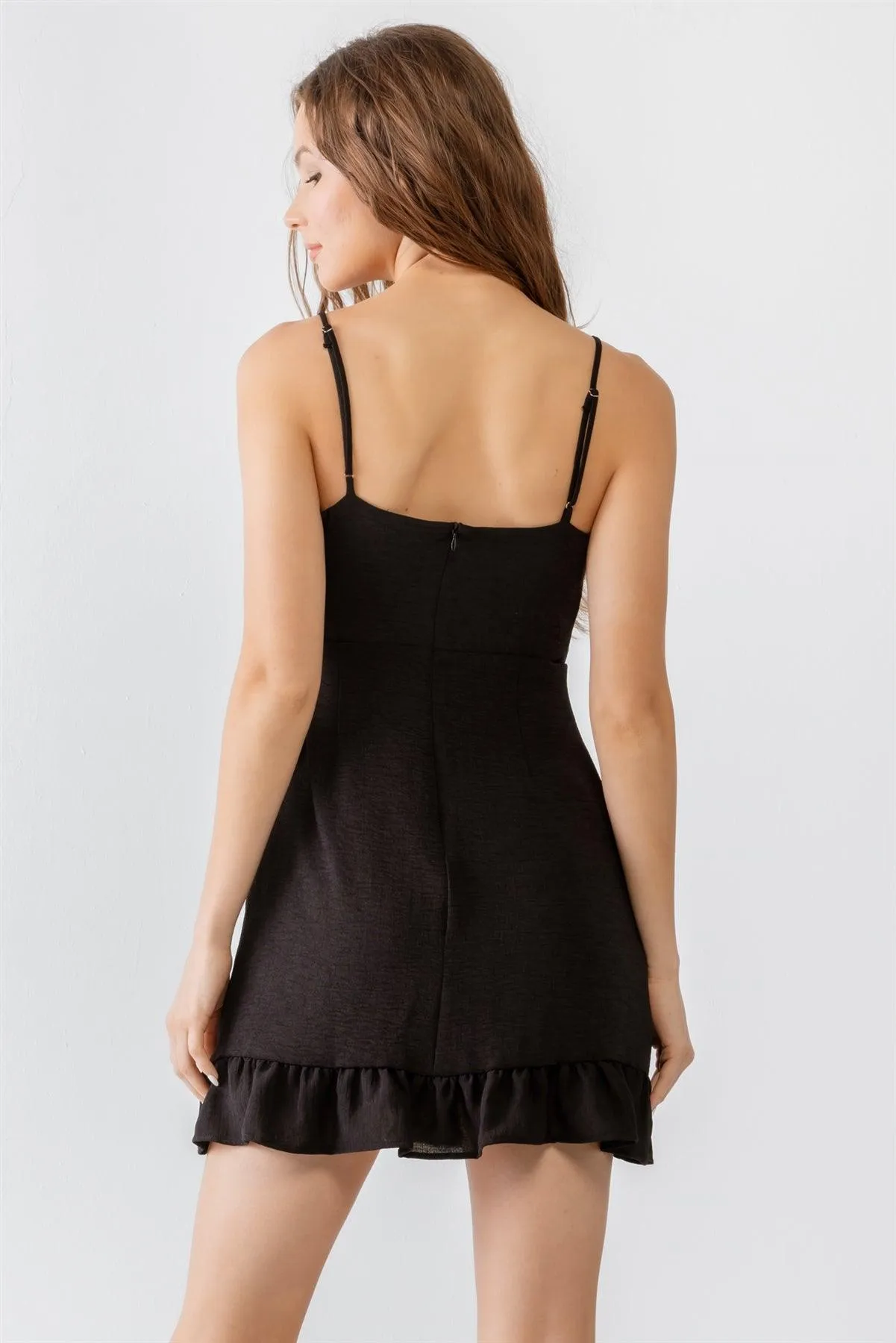 Black Textured Sleeveless Wrap Ruffle Hem Mini Dress /3-2-1