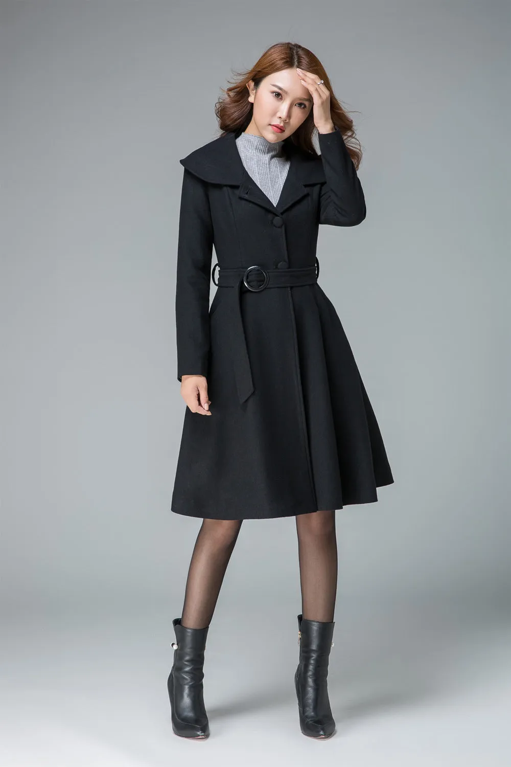 black winter coat , plus size coat , wool coat, lapel coat, short coat, fit and flare coat 1841#