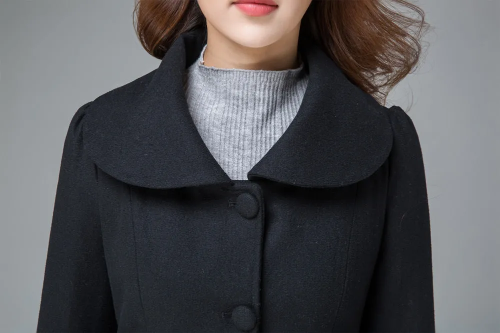 black winter coat , plus size coat , wool coat, lapel coat, short coat, fit and flare coat 1841#