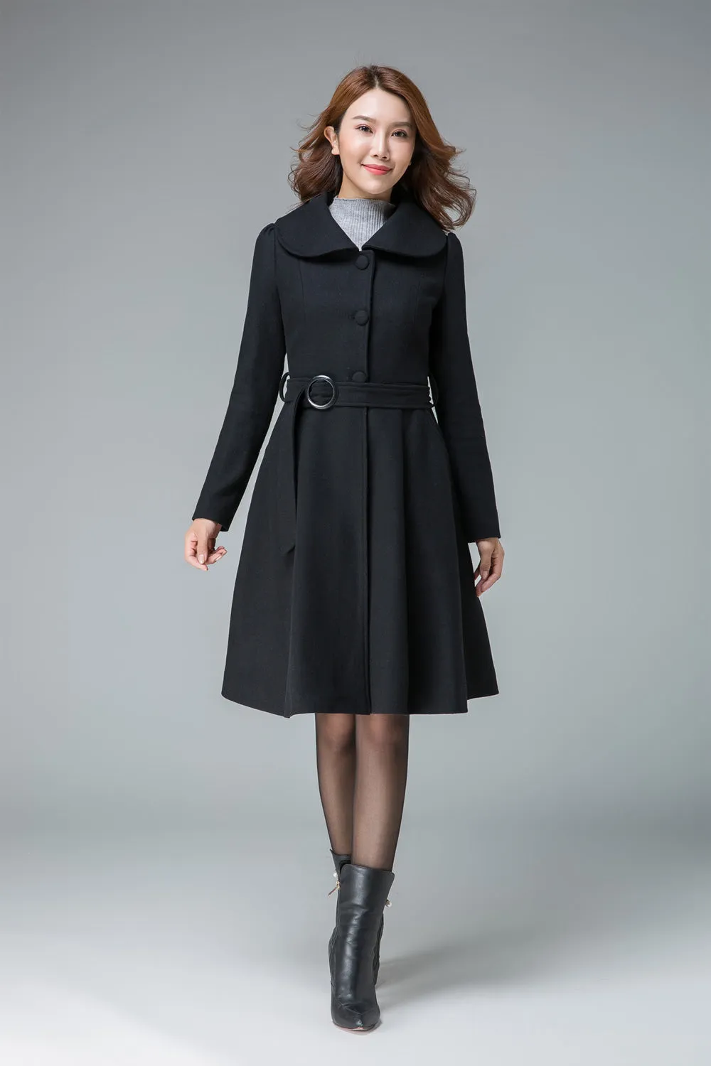 black winter coat , plus size coat , wool coat, lapel coat, short coat, fit and flare coat 1841#