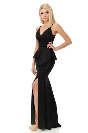 Black Wrap Top Strap Peplum Waist Thigh Slit Long Dress