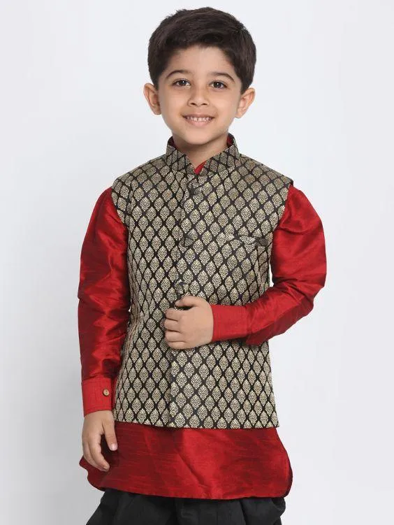 Boys' Black Cotton Silk Blend Nehru Jacket