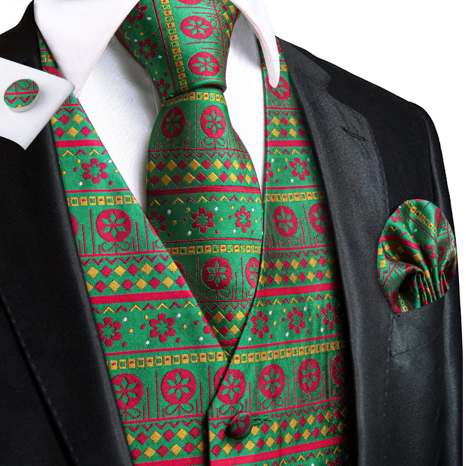 Christmas Green Novelty Men's Vest Hanky Cufflinks Tie Set