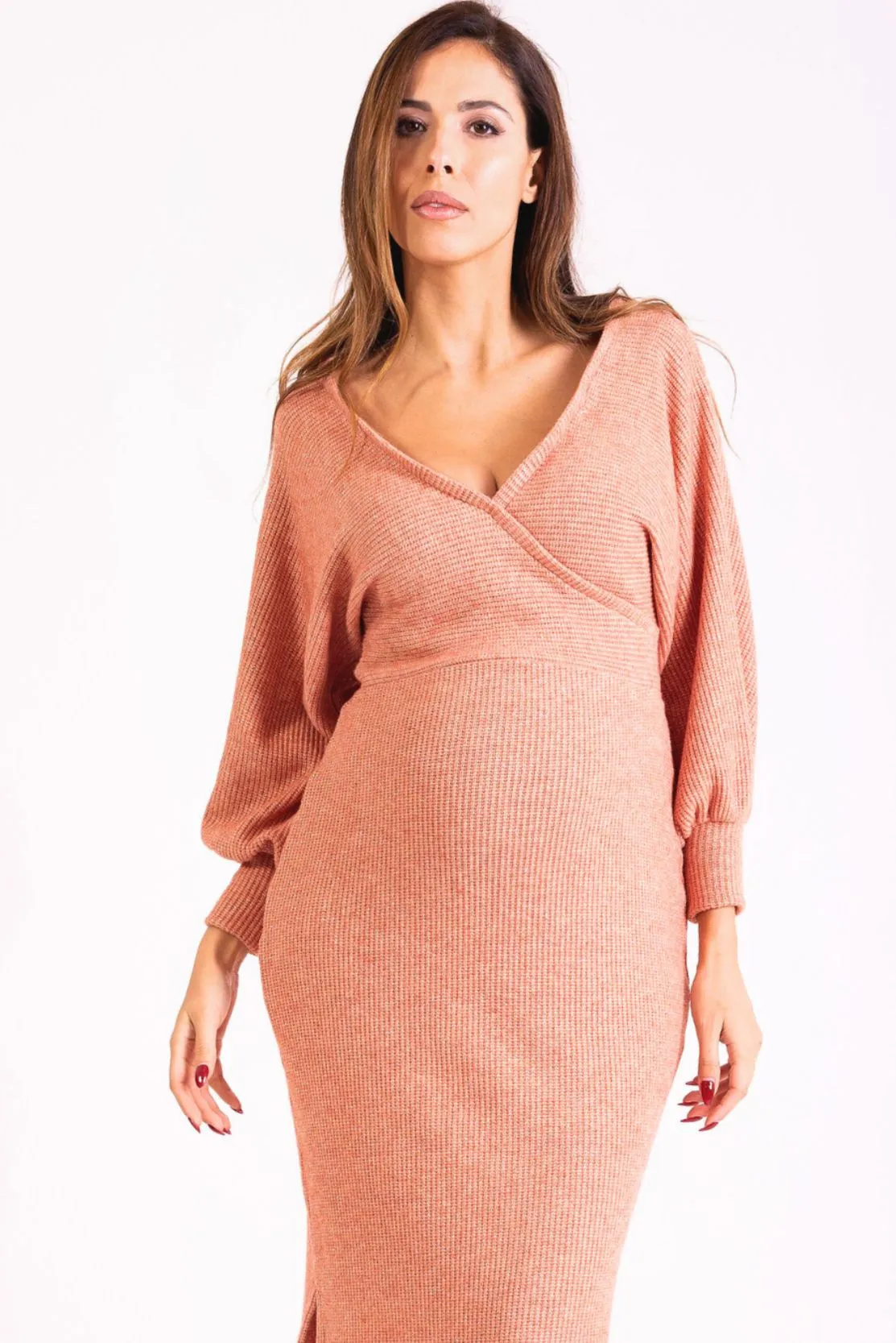 Chunky Knit Wrap Maternity & Breastfeeding Dress in Peach Sparkle