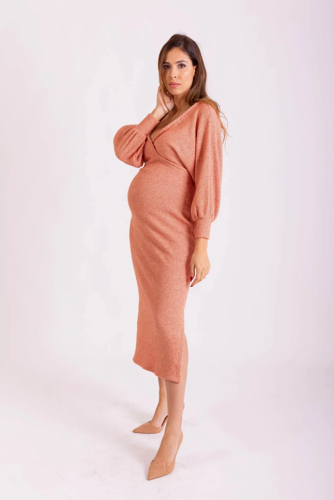 Chunky Knit Wrap Maternity & Breastfeeding Dress in Peach Sparkle