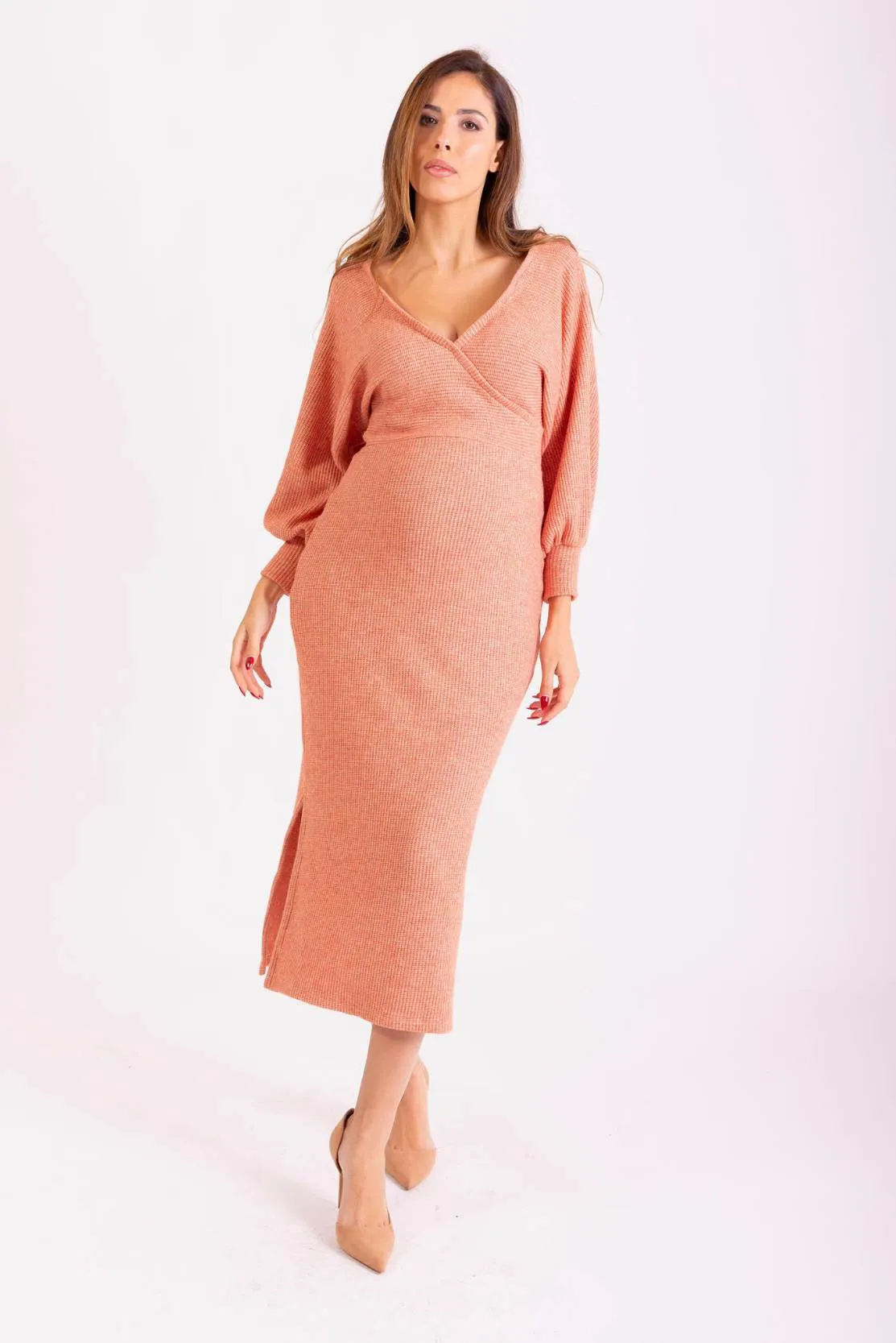 Chunky Knit Wrap Maternity & Breastfeeding Dress in Peach Sparkle