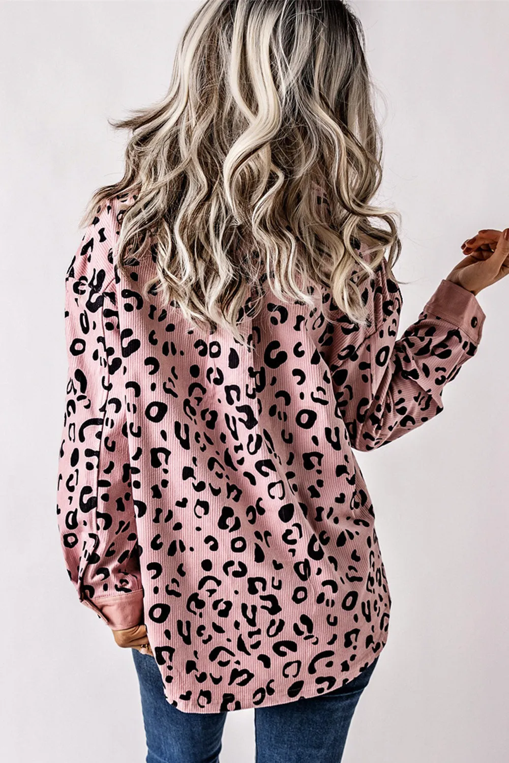 Collared Neckline Flap Pockets Leopard Corduroy Jacket