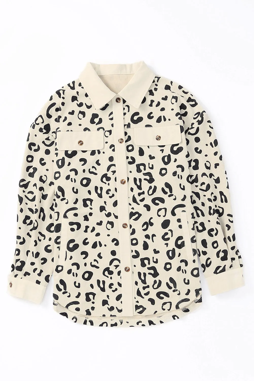 Collared Neckline Flap Pockets Leopard Corduroy Jacket