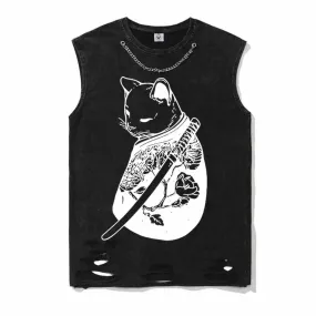 Cool Cat Samurai Vintage Washed Cotton Vest Top