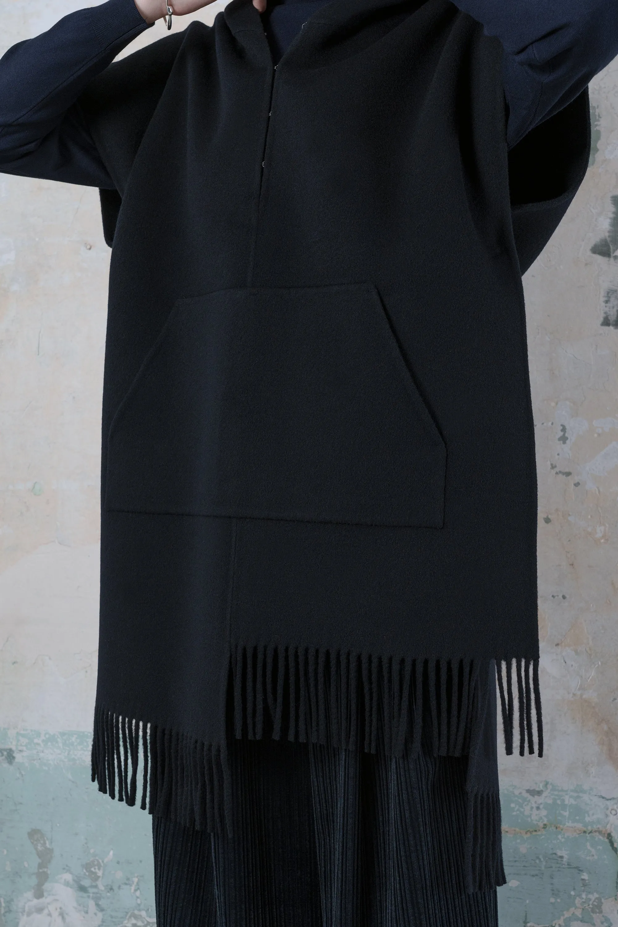 Double-faced wool-blend fringed hood poncho