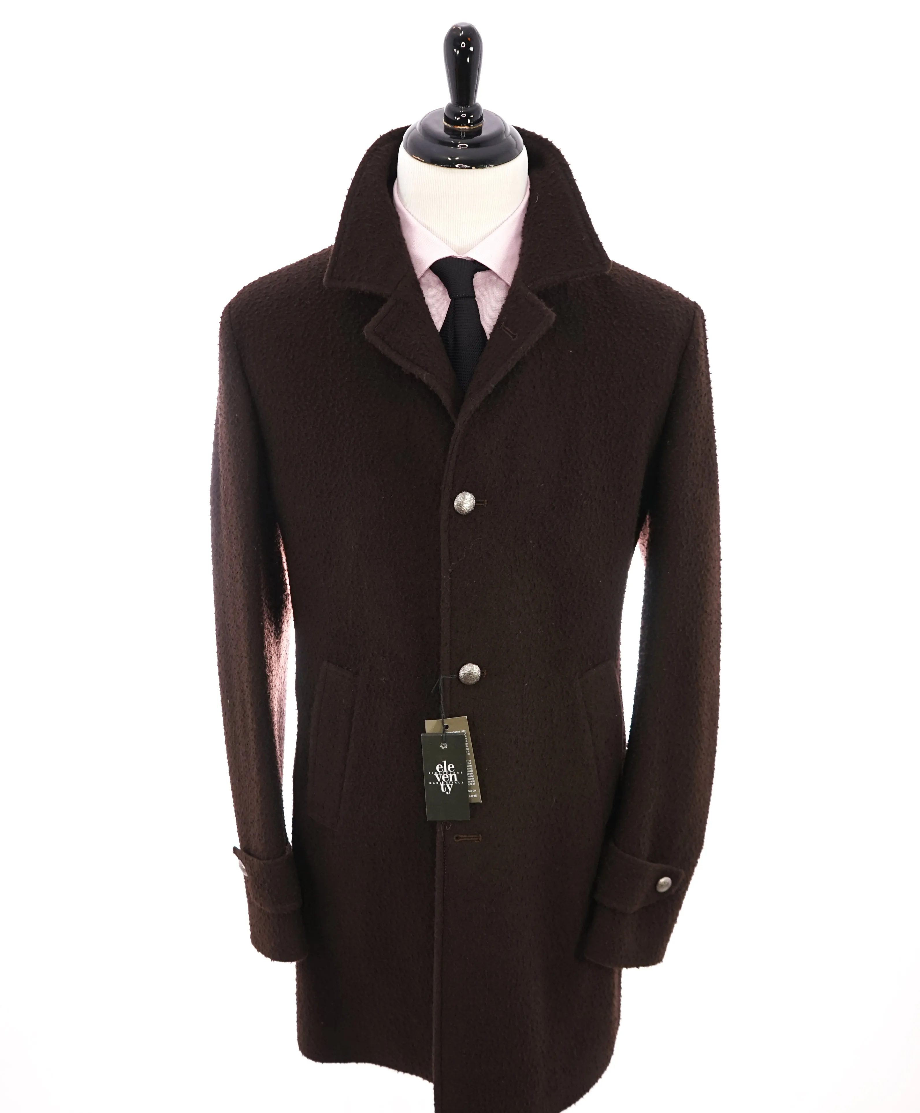 ELEVENTY - Brown Raised Texture Full Length Wool Coat W Metal Bttns - 46US