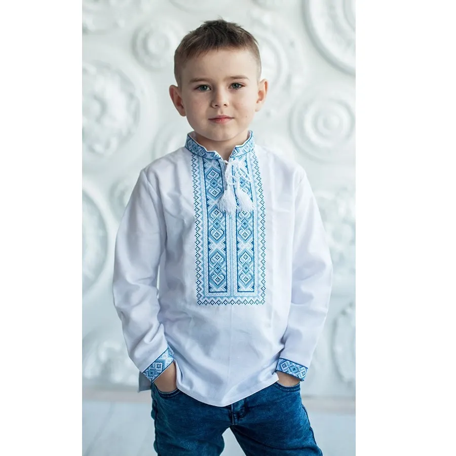 Embroidered shirt with a blue pattern for a boy