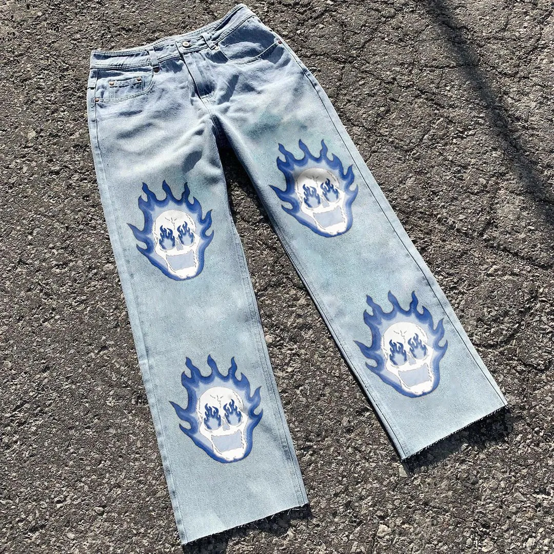 Fashion retro print street denim trousers