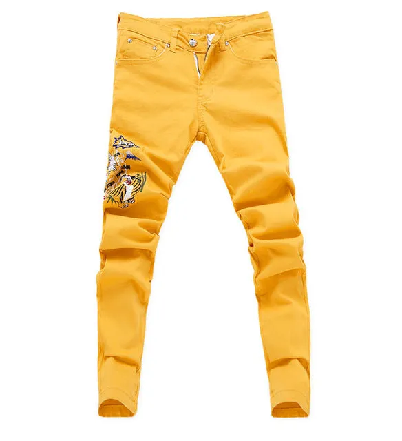 Fashion Ripped Jeans Men Embroidery Skinny Pants