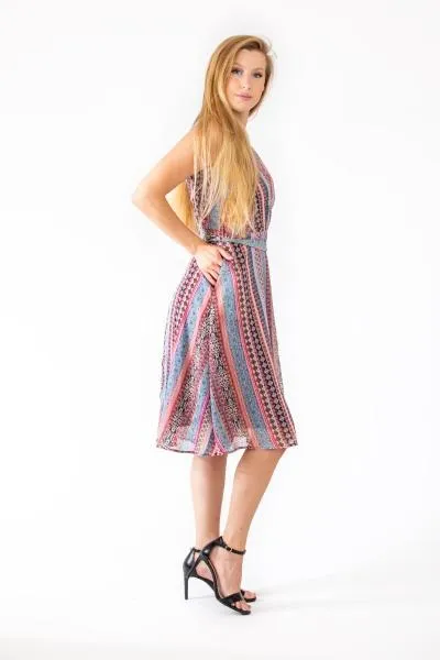 Faux Wrap Front Chiffon Dress - Multi Stripe Print -