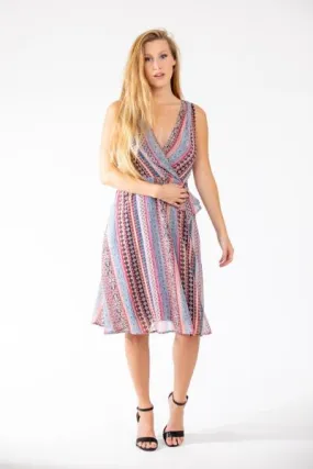 Faux Wrap Front Chiffon Dress - Multi Stripe Print -