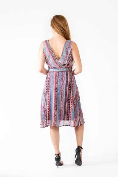 Faux Wrap Front Chiffon Dress - Multi Stripe Print -