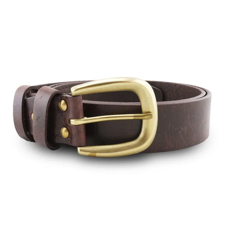 Full Grain Genuine Leather Belt - Milano Dark Brown Narrow Belt Solid Brass Horseshoe Buckle