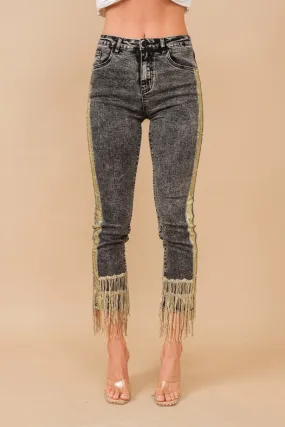 Garment Washed Side Sequin Tape Fringe Denim Jeans Charcoal