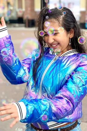 Girls Holographic Quilted Foil Fashion Bomber Jacket