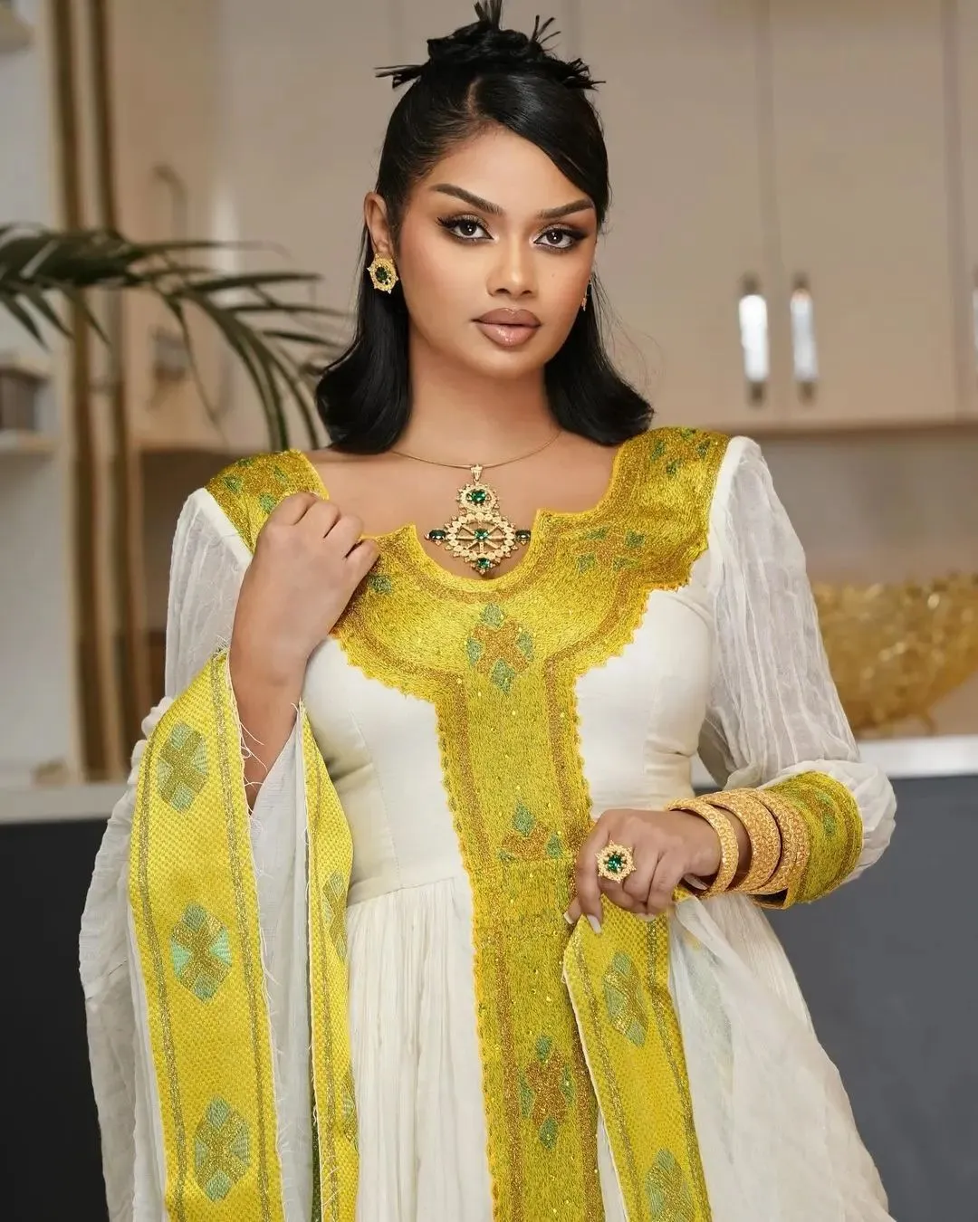 Golden Yellow Vibrant Traditional Dress with Shimmering Details Habesha Kemis