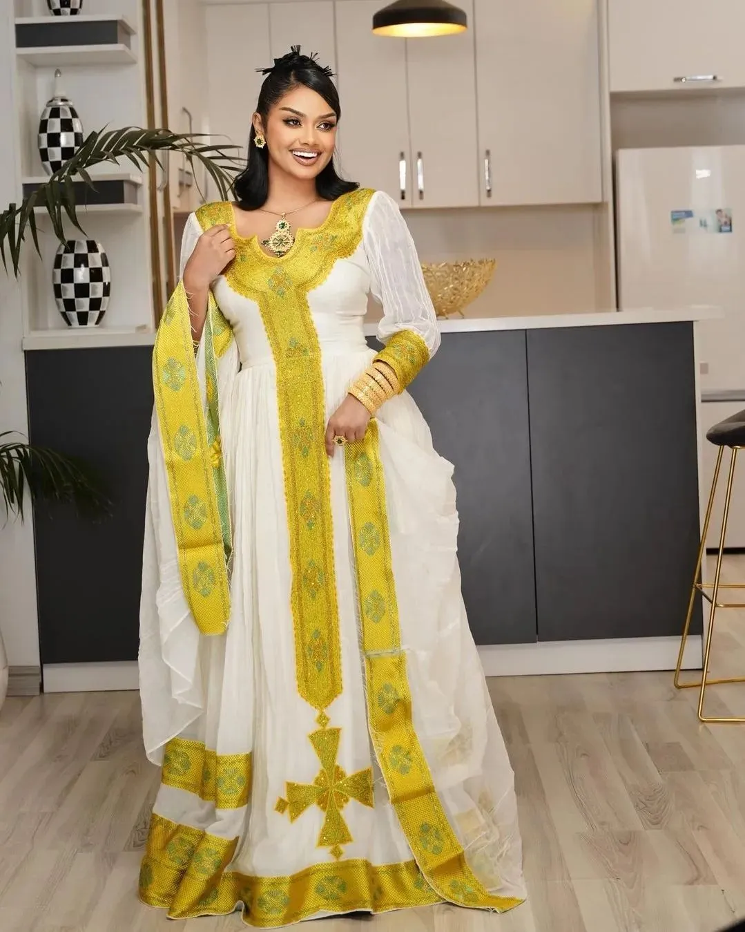 Golden Yellow Vibrant Traditional Dress with Shimmering Details Habesha Kemis