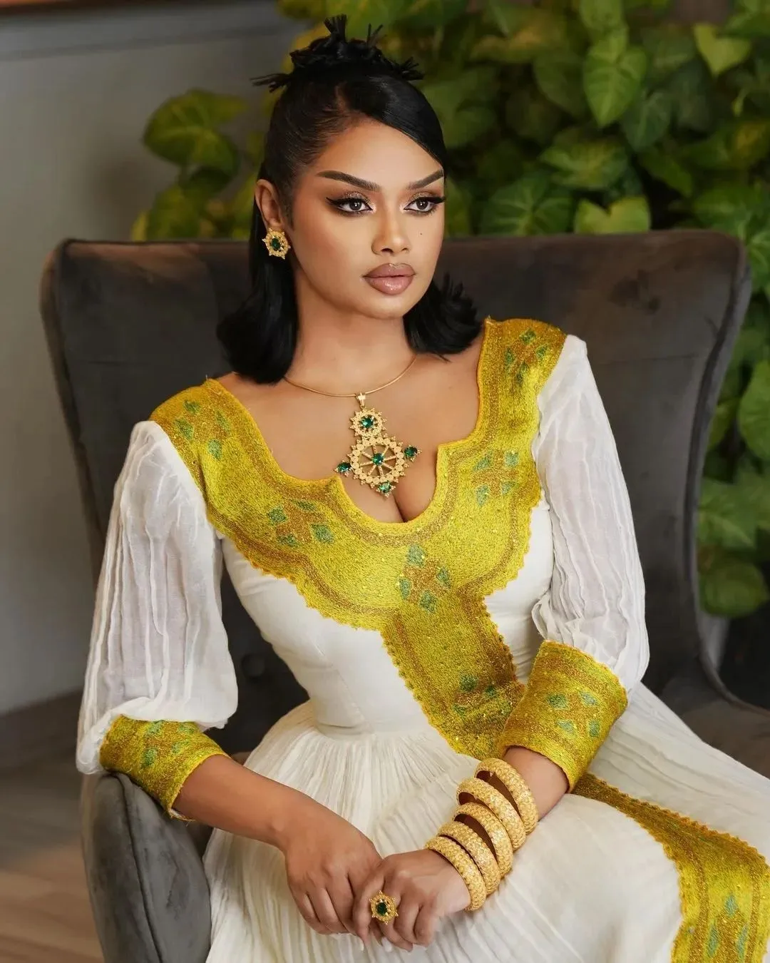 Golden Yellow Vibrant Traditional Dress with Shimmering Details Habesha Kemis