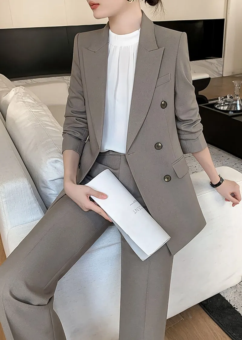 Gray Double Breasted Blazer Pants Suit Two-Piece Set