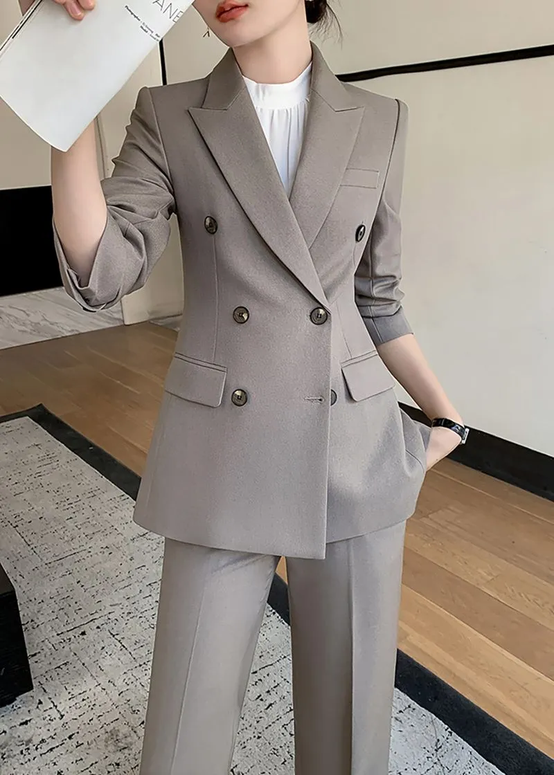 Gray Double Breasted Blazer Pants Suit Two-Piece Set