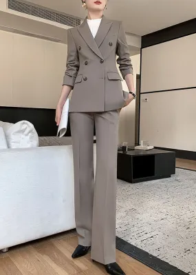 Gray Double Breasted Blazer Pants Suit Two-Piece Set