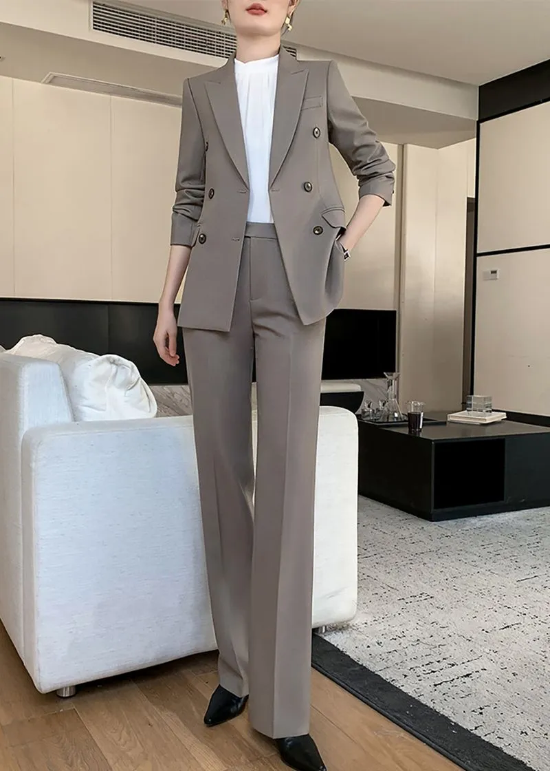 Gray Double Breasted Blazer Pants Suit Two-Piece Set