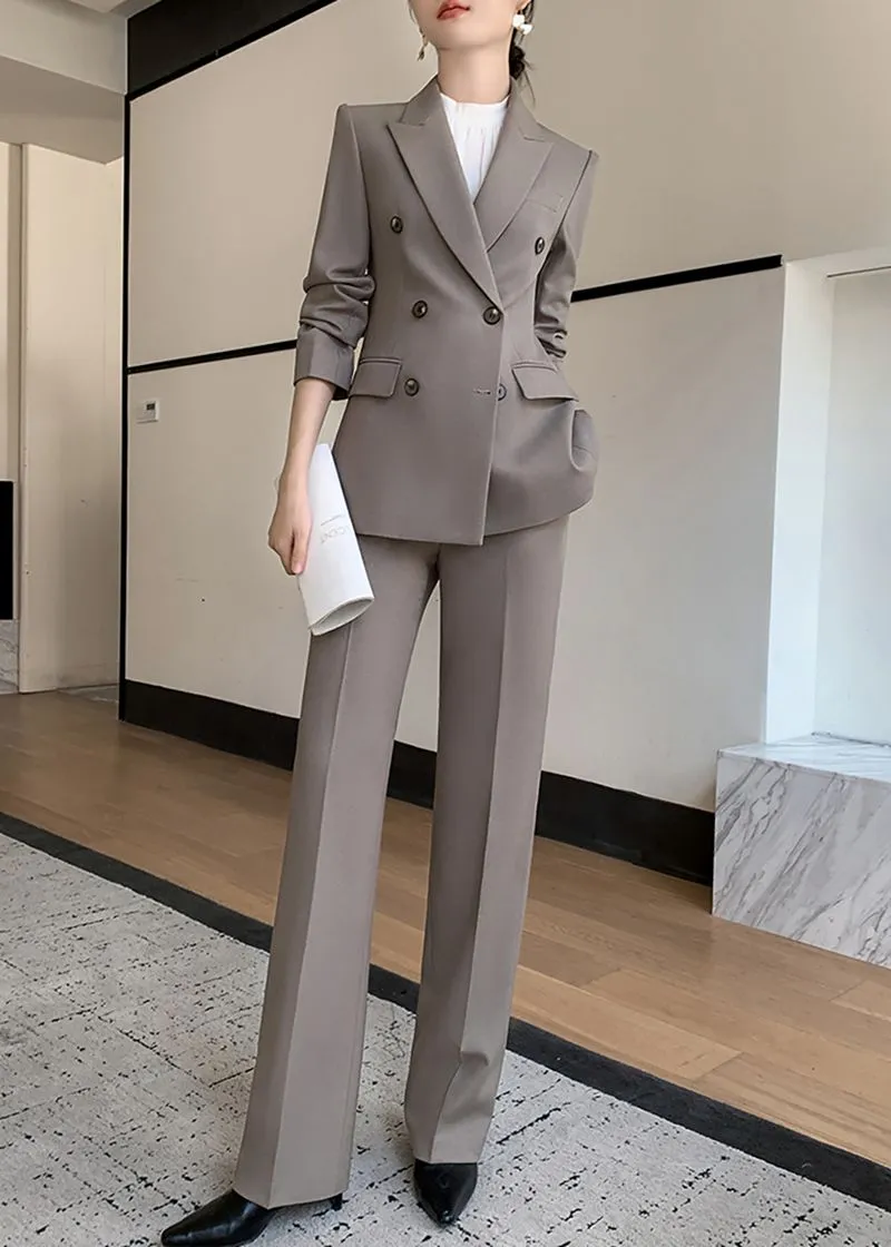 Gray Double Breasted Blazer Pants Suit Two-Piece Set