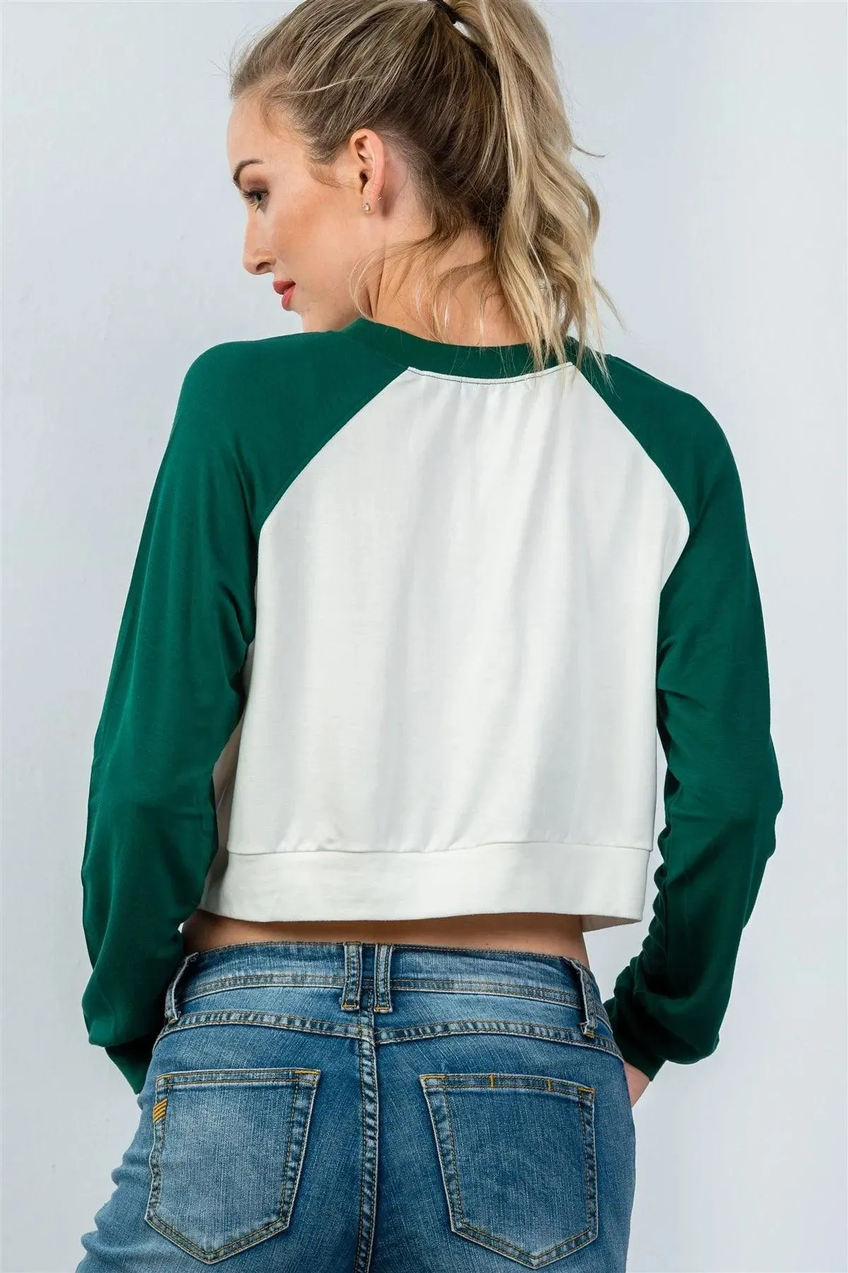 Green Color Block Long Sleeve Cropped Pullover Sweatshirt / 3-2-1