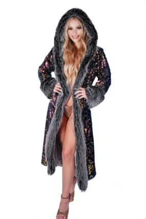 Grey Fur Lined Sequin Hooded Long Coat - Multi -