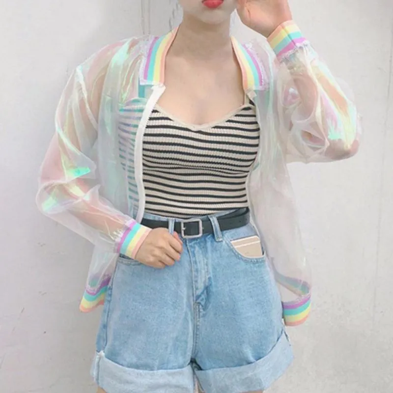 Harajuku Kawaii 90s Y2K Tumblr Aesthetic Sheer Holographic Rainbow Collar Jacket