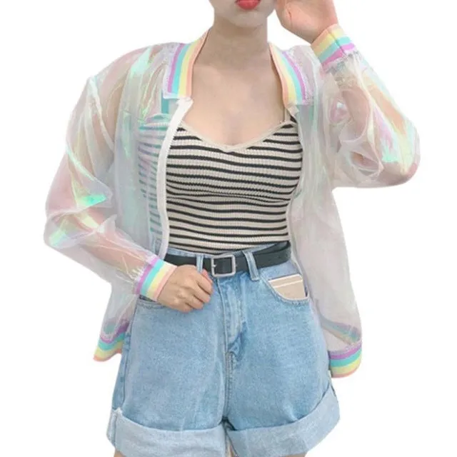 Harajuku Kawaii 90s Y2K Tumblr Aesthetic Sheer Holographic Rainbow Collar Jacket